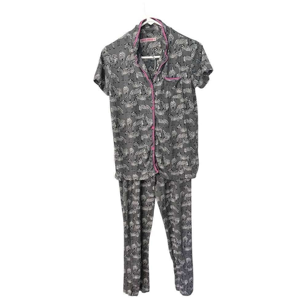 Emme Jordan S Gray Zebra Pajama Set Short Sleeve Button Top Pants Animal Print